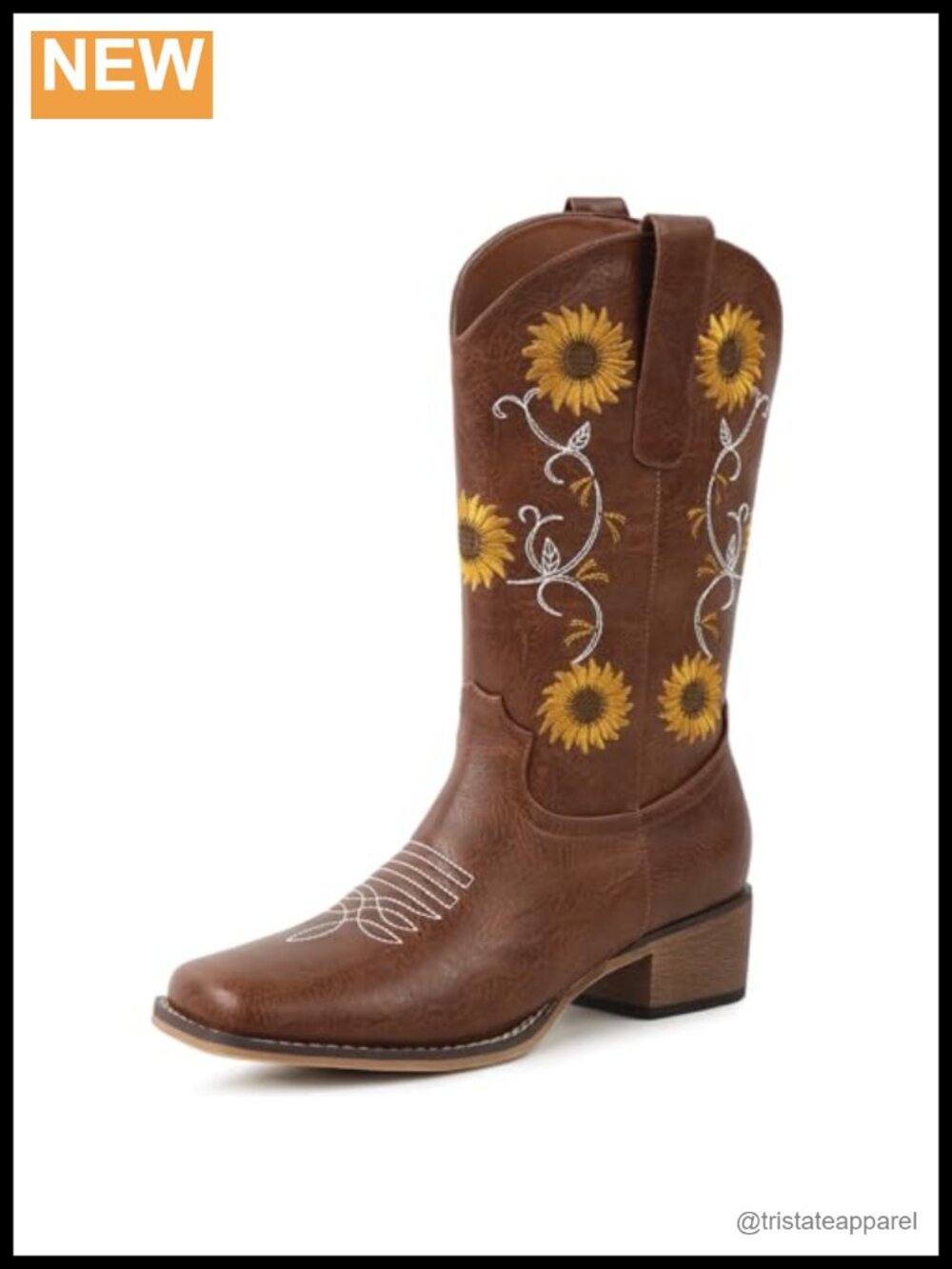 Faux Leather Square Toe Cowboy Boots Mid Calf Sunflower Embroidery Chunky Heel